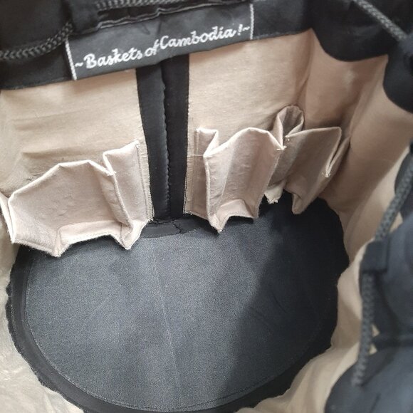 Basket of Cambodia Drawstring Woven Straw Black & Tan Tote Bag - Picture 8 of 10